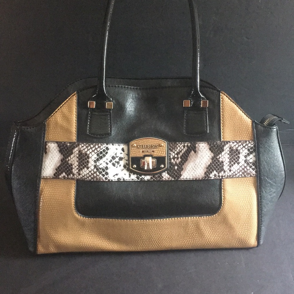 Guess women’s handbag purse Black Tan Snakeskin